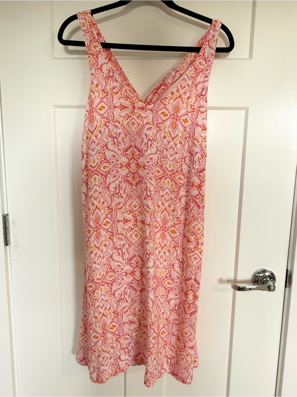 LOFT Pink and Orange Printed V-Neck Crisscross Back Sundress